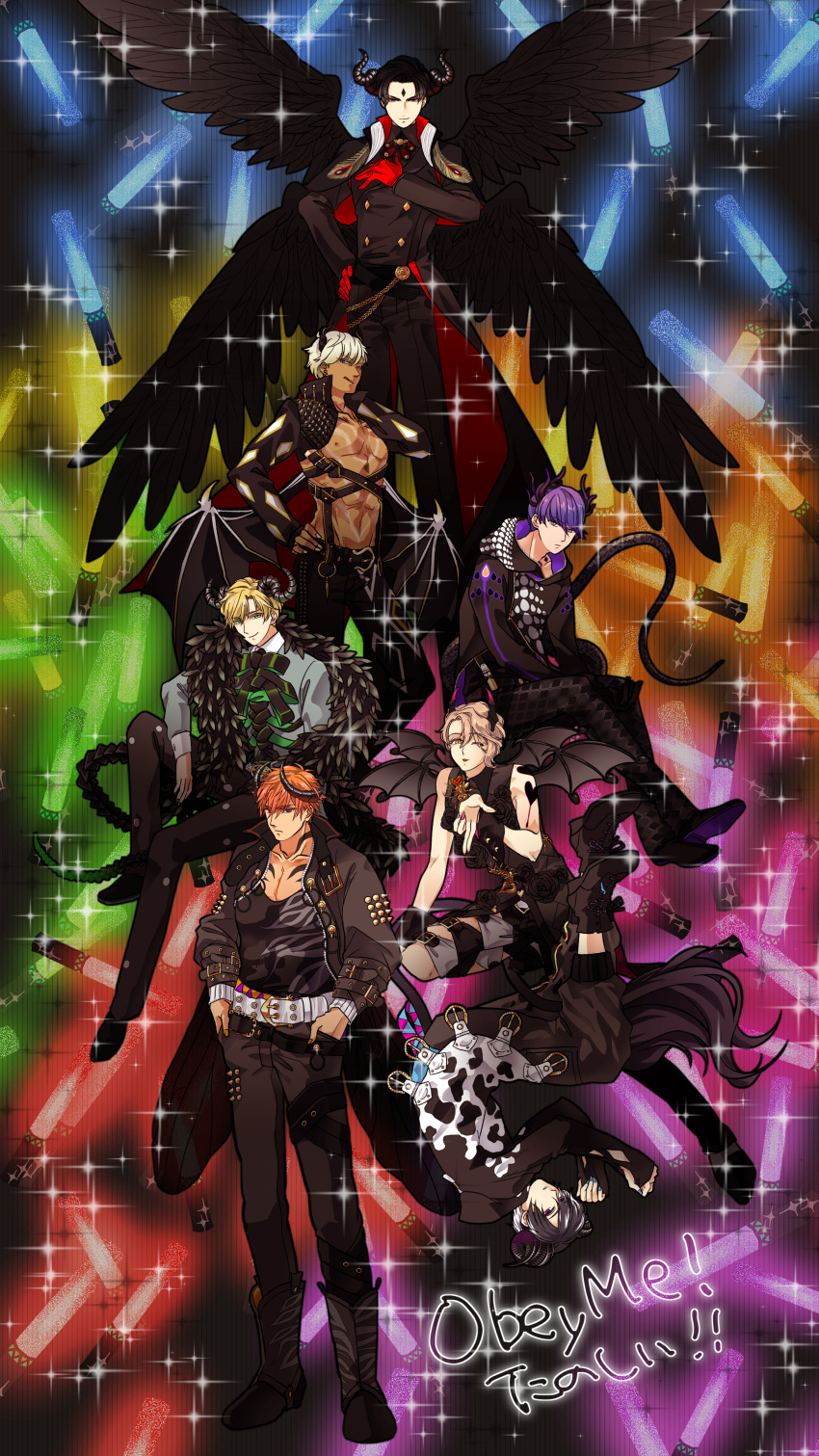 6+boys, absurdres, arm_tattoo, asmodeus_(obey_me!), bat_wings, beelzebub_(obey_me!), belphegor_(obey_me!), belt