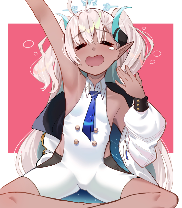 1girl, blue_archive, blue_necktie, bodysuit, border, buttons, closed_eyes, collared_shirt