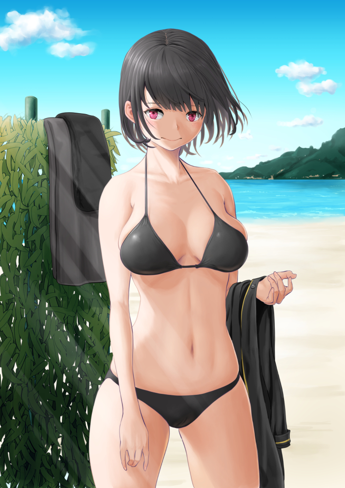 1girl, beach, bikini, black_bikini, black_hair, blue_sky, breasts, clothes_removed, clouds, commentary_request, cowboy_shot, day, english_commentary, kasu_(kasunohikari), kayanuma_miyuki, large_breasts, light_rays, looking_at_viewer, mixed-language_commentary, mountain, ocean, outdoors, red_eyes, short_hair, sky, solo, station_memories, sunbeam, sunlight, swimsuit