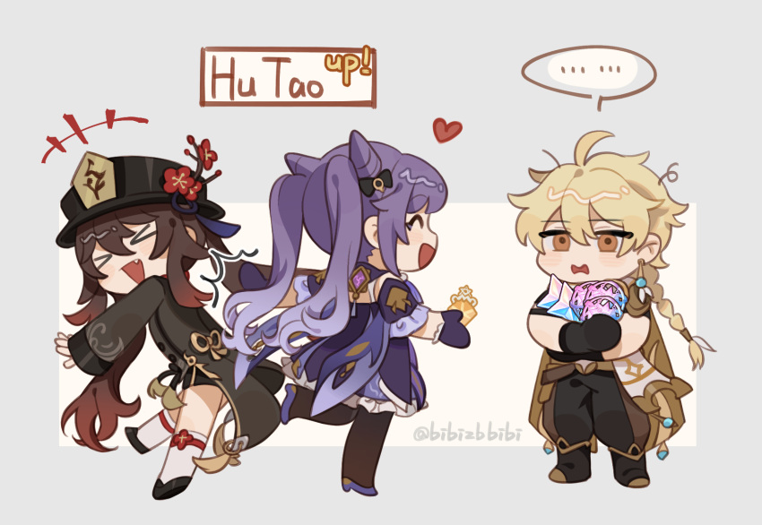 >_<, +++, ..., 1boy, 2girls, aether_(genshin_impact), bangs, bibizbbibi