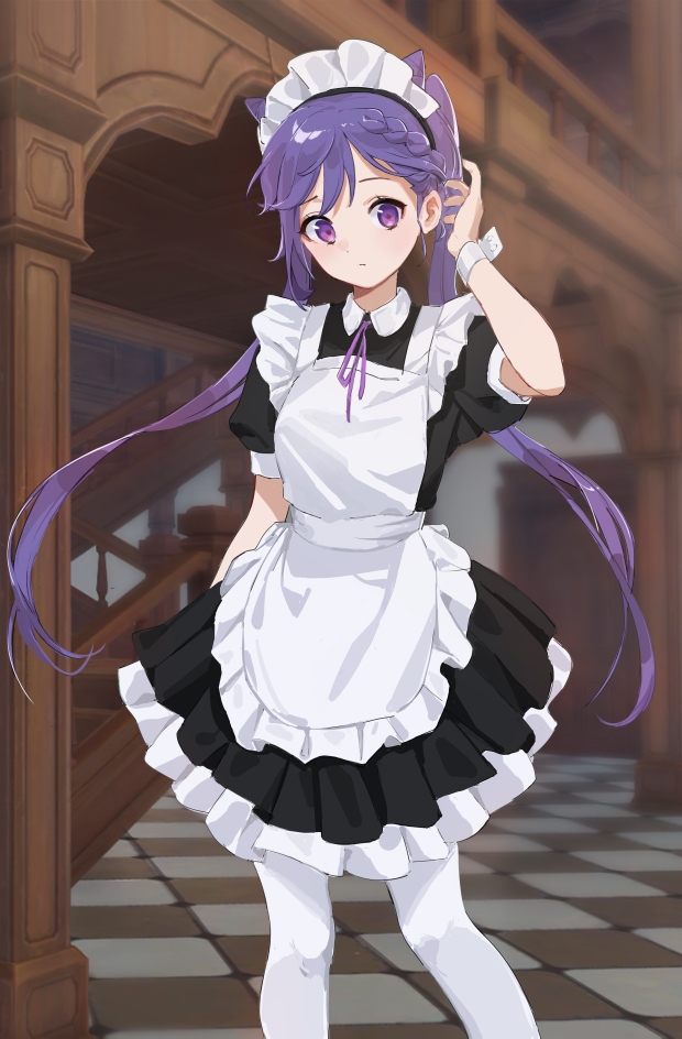 1girl, alternate_costume, aowuawei, apron, arm_at_side, arm_up, bangs, bangs_pinned_back, black_dress, blurry, blurry_background, blush, braid, breasts, checkered_floor, closed_mouth, collared_dress, commentary_request, dress, enmaided, eyelashes, frilled_apron, frilled_dress, frills, genshin_impact, keqing_(genshin_impact), long_hair, looking_at_viewer, maid, maid_apron, maid_headdress, medium_breasts, neck_ribbon, purple_hair, purple_ribbon, ribbon, shiny, shiny_hair, sidelocks, single_braid, solo, stairs, standing, two_side_up, violet_eyes, white_legwear, wrist_cuffs