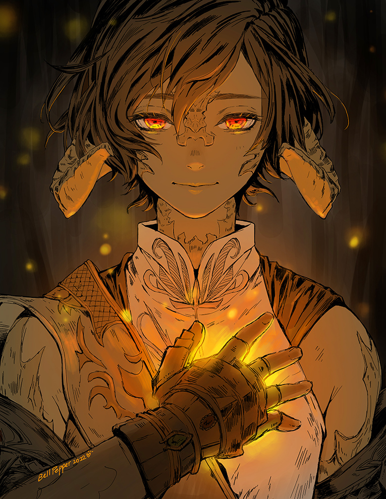 1boy, artist_name, au_ra, bangs, bellpepperart, black_hair, commentary, dragon_horns