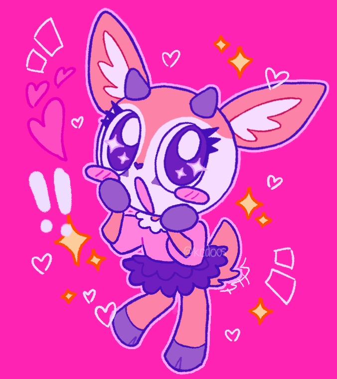 aggressive_retsuko, animal_ears, big_eyes, black_dress, blush, deer, deer_antlers, deer_ears