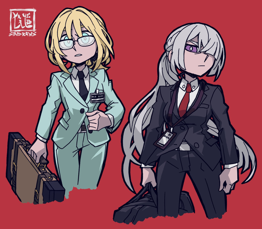 2girls, ak-15_(girls'_frontline), an-94_(girls'_frontline), blonde_hair, blue_eyes, blue_suit, breasts, collared_shirt, crossover, formal, girls_frontline, glasses, hair_over_one_eye, helltaker, highres, holding, holding_suitcase, id_card, long_hair, looking_at_viewer, multiple_girls, necktie, parody, ponytail, red_background, shirt, signature, silver_hair, simple_background, sindraws, style_parody, suit, suit_jacket, suitcase, violet_eyes