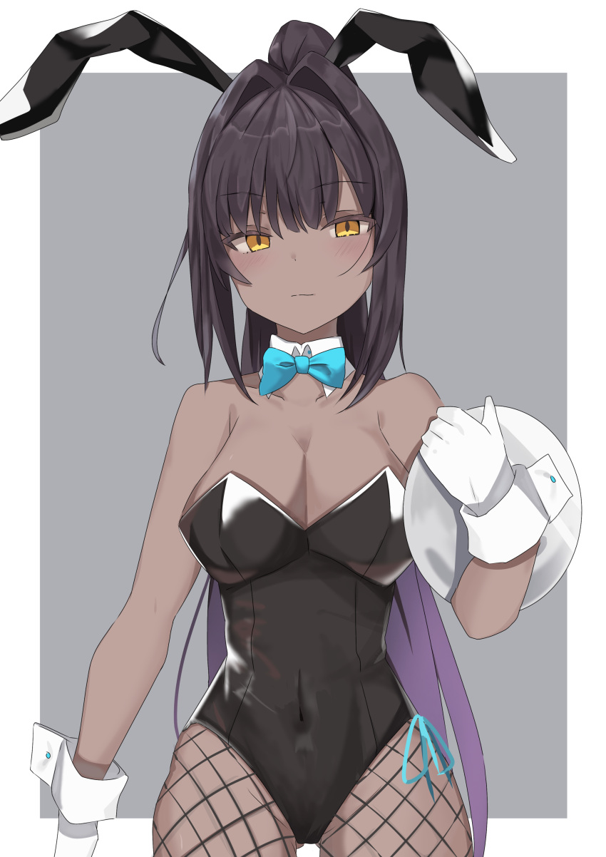 1girl, absurdres, animal_ears, black_hair, blue_archive, bow, breasts, dark-skinned_female
