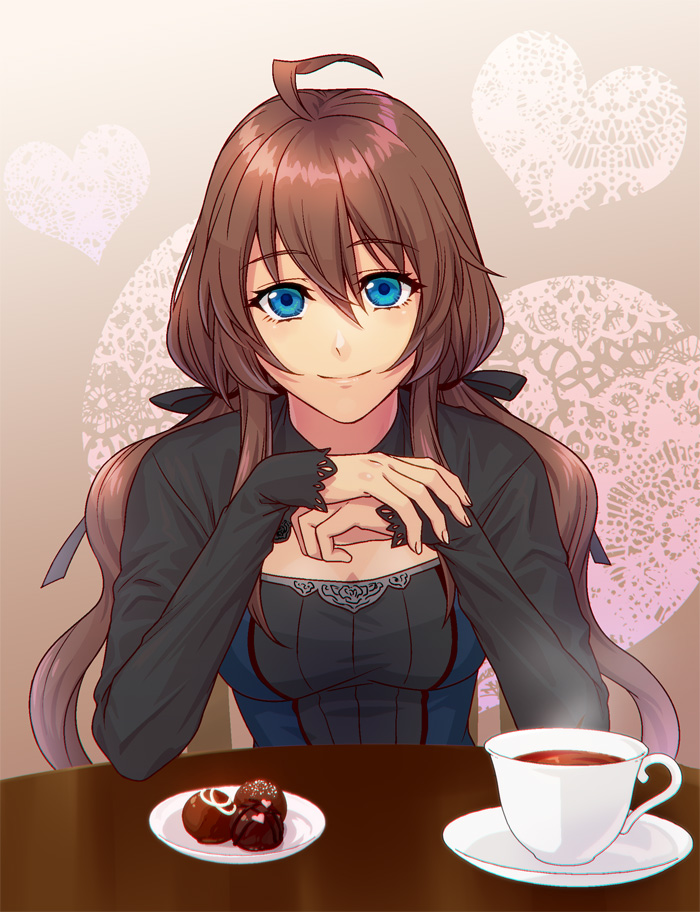 1girl, ahoge, bangs, black_ribbon, blue_eyes, blush, box, brown_hair