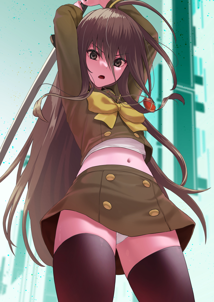 1girl, ahoge, alastor_(shakugan_no_shana), arms_up, bangs, black_legwear, blurry, blurry_background