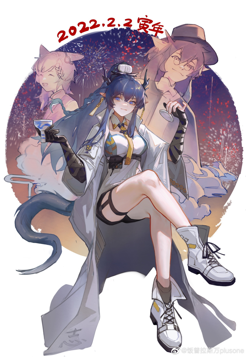 1boy, 2girls, :d, absurdres, animal_ears, ankle_boots, arknights, artist_name