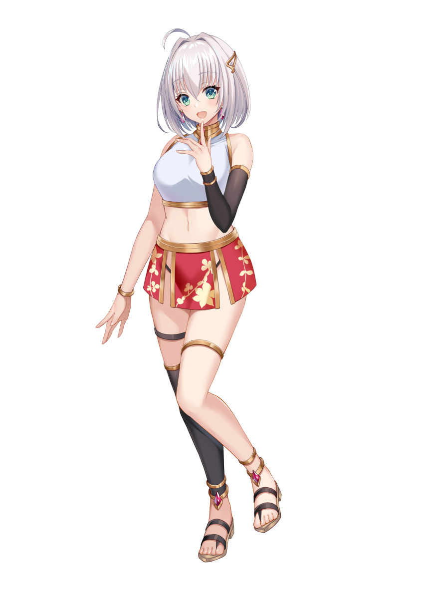 1girl, absurdres, arm_at_side, asymmetrical_legwear, earrings, elbow_gloves, finger_to_mouth, gloves