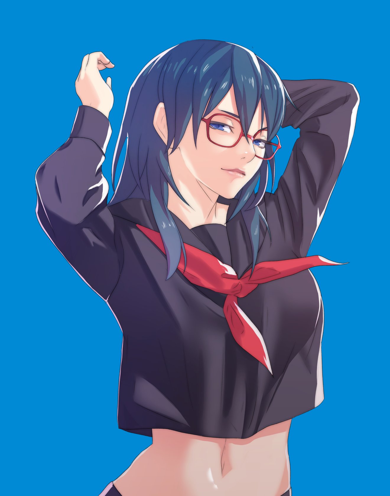 1girl, alternate_costume, blue_background, blue_eyes, blue_hair, breasts, byleth_(fire_emblem), byleth_eisner_(female)