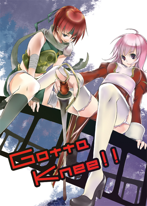 1boy, 1girl, armor, bangs, black_footwear, blue_eyes, comiket_77, commentary_request