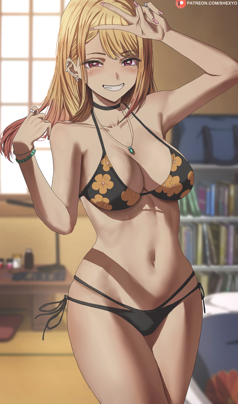 1girl, bangs, bare_shoulders, bikini, black_bikini, blonde_hair, blurry, blurry_background