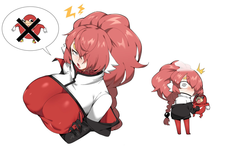 1girl, black_gloves, breast_hold, breasts, character_doll, chibi, crossed_arms, eyebrows_visible_through_hair