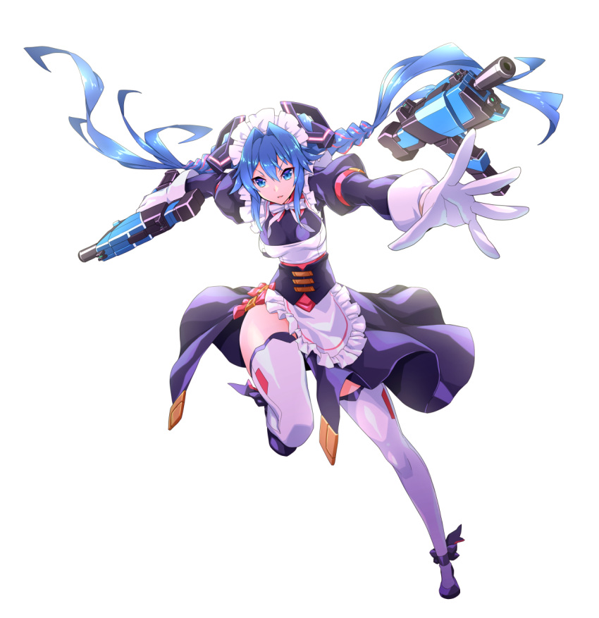 1girl, black_dress, black_footwear, blue_eyes, blue_hair, bow, breasts, dress, floating_hair, gun, highres, holding, holding_gun, holding_weapon, long_hair, maid, maid_headdress, medium_breasts, multicolored_hair, ning_(smc), official_alternate_costume, open_hand, pink_hair, running, sin6, solo, streaked_hair, submachine_gun, super_mecha_champions, thigh-highs, twintails, very_long_hair, weapon, white_background, white_bow, white_legwear