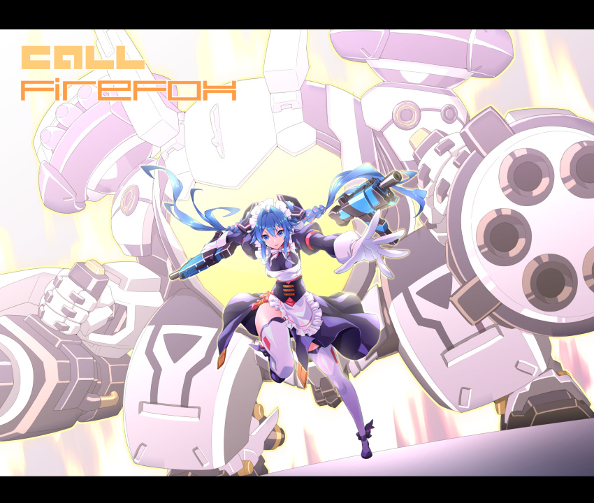 1girl, black_dress, black_footwear, blue_eyes, blue_hair, bow, breasts, dress, dual_wielding, firefox_(smc), floating_hair, gun, highres, holding, holding_gun, holding_weapon, leaning_forward, letterboxed, long_hair, maid, maid_headdress, mecha, medium_breasts, multicolored_hair, ning_(smc), official_alternate_costume, open_hand, pink_hair, running, science_fiction, shoulder_cannon, sin6, standing, streaked_hair, submachine_gun, super_mecha_champions, thigh-highs, twintails, very_long_hair, weapon, white_bow, white_legwear