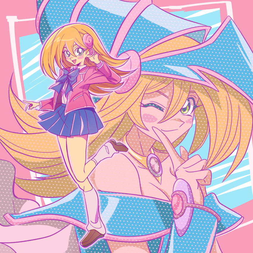 1girl, :d, bangs, blonde_hair, blue_skirt, blush_stickers, brown_footwear, commentary_request, dark_magician_girl, green_eyes, ha_maih, hair_between_eyes, hand_up, highres, jacket, leg_up, leg_warmers, long_hair, long_sleeves, looking_at_viewer, multiple_views, open_clothes, open_jacket, open_mouth, pink_jacket, pleated_skirt, shoes, skirt, smile, tongue, yu-gi-oh!