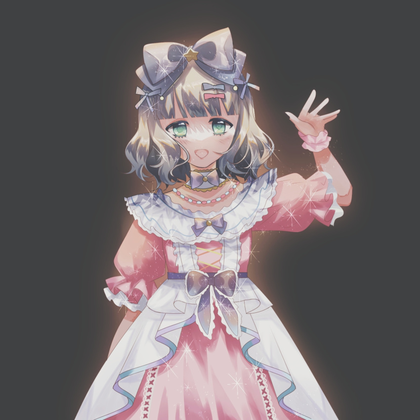1girl, bangs, black_bow, black_hair, bow, dress, frilled_dress, frills, green_eyes, hair_bow, hair_ornament, highres, ichu, lolita_fashion, open_hand, puffy_short_sleeves, puffy_sleeves, serena_(smc), short_hair, short_sleeves, smile, solo, star_(symbol), star_hair_ornament, super_mecha_champions, waving