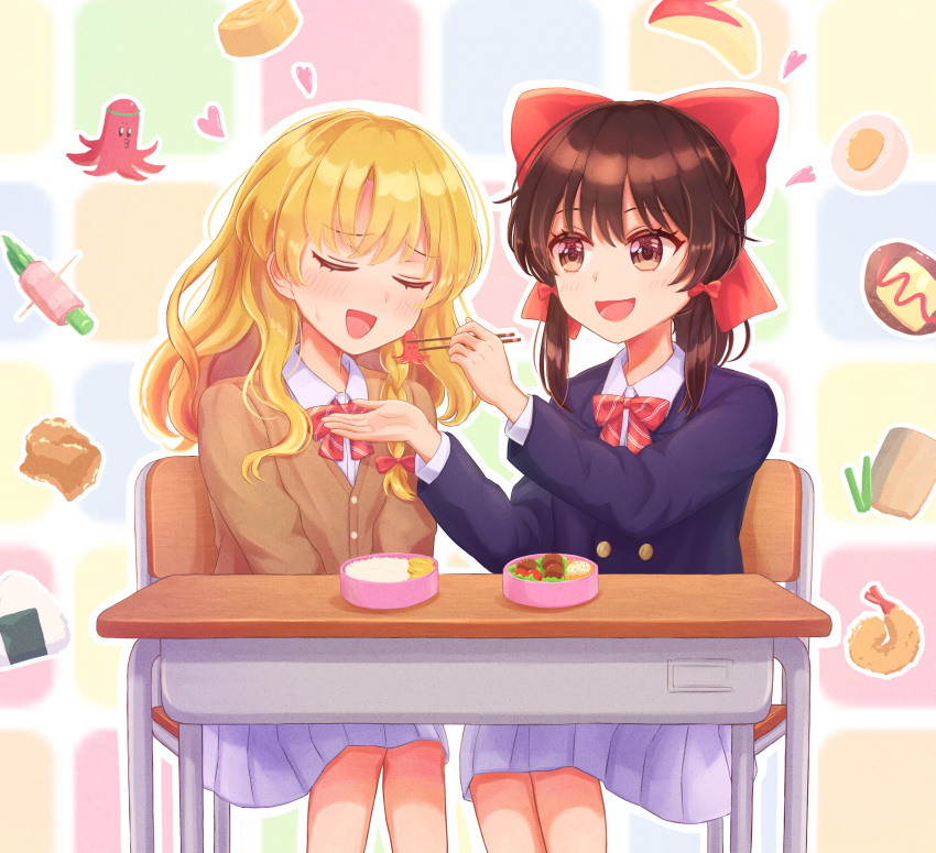 2girls, :d, absurdres, alternate_costume, bangs, bento, blazer, blonde_hair