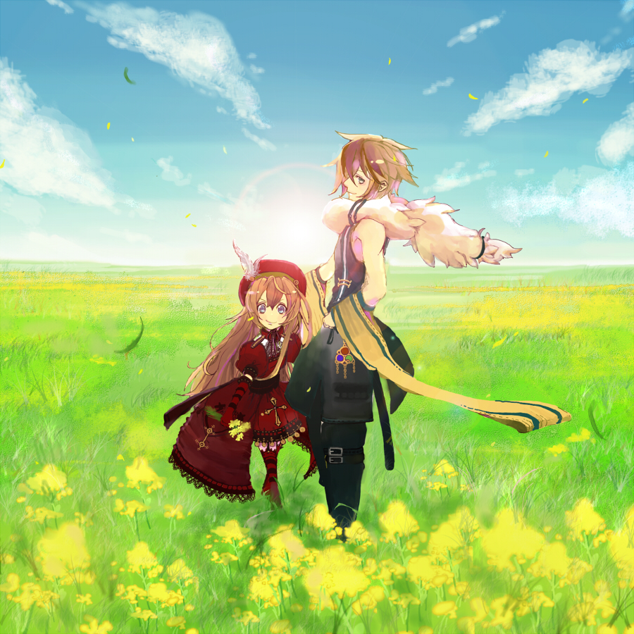 1boy, 1girl, animal_around_neck, bangs, black_pants, black_shirt, blue_eyes, blue_sky, brown_hair, closed_mouth, clouds, commentary_request, day, detached_sleeves, dress, elbow_gloves, field, flower, flower_field, frilled_dress, frills, full_body, gloves, green_eyes, green_sleeves, hat_feather, horizon, long_hair, looking_at_viewer, looking_to_the_side, meko_bc, original, outdoors, pants, pantyhose, professor_(ragnarok_online), puffy_short_sleeves, puffy_sleeves, ragnarok_online, red_dress, red_gloves, red_headwear, red_legwear, shirt, short_hair, short_sleeves, sky, sleeveless, sleeveless_shirt, smile, striped, striped_gloves, striped_legwear, striped_sleeves, sun, yellow_flower, yellow_sleeves