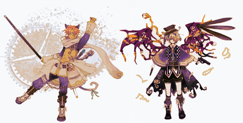 2boys, animal_ears, arm_up, bangs, belt, black_belt, black_capelet, black_headwear, black_shorts, blonde_hair, blue_eyes, boots, capelet, cat_boy, cat_ears, cat_tail, closed_mouth, commentary_request, demon_wings, expressionless, extra_eyes, full_body, hair_between_eyes, hair_over_one_eye, hat, holding, holding_staff, jacket, jumpsuit, jumpsuit_around_waist, limited_palette, long_sleeves, looking_at_viewer, male_focus, mechanic_(ragnarok_online), meko_bc, multiple_boys, navel, orange_hair, pants, personification, purple_jacket, purple_pants, ragnarok_online, scarf, short_hair, shorts, shrug_(clothing), smile, staff, tail, thigh-highs, top_hat, vanilmirth_(ragnarok_online), white_background, white_jumpsuit, white_legwear, white_scarf, wings