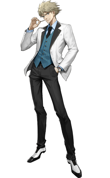 1boy, black_necktie, black_pants, blonde_hair, blue_eyes, blue_shirt, blue_vest, collared_shirt