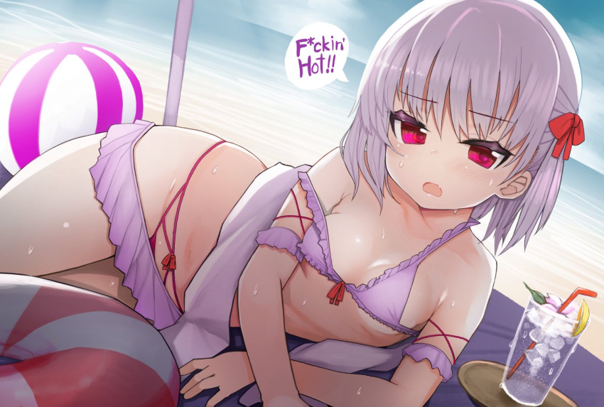 1girl, ball, bangs, bare_shoulders, beach, beachball, bikini, blue_sky