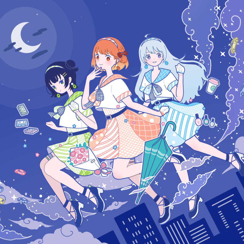 3girls, ahoge, akatsuki_clara, bangs, bare_legs, belt, black_belt, black_footwear