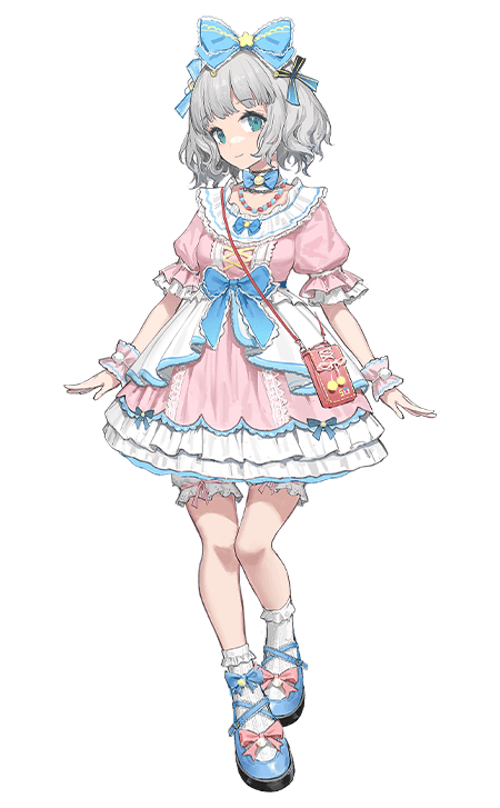 1girl, bangs, blue_bow, blue_eyes, blue_footwear, bow, choker, dress, eyebrows_visible_through_hair, frilled_dress, frills, grey_hair, hair_bow, head_tilt, jewelry, lolita_fashion, looking_at_viewer, necklace, official_art, open_hands, puffy_short_sleeves, puffy_sleeves, serena_(smc), short_sleeves, smile, solo, super_mecha_champions, thigh_strap, transparent_background, white_choker, wrist_cuffs