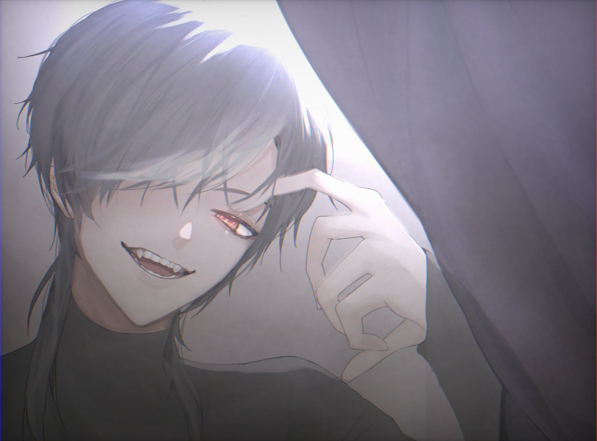 1boy, brown_hair, curtains, evil, evil_smile, fangs, hannanhy31, highres, janu_ranata, looking_at_viewer, metanoia_live, multicolored_hair, open_mouth, pale_skin, red_eyes, smile, virtual_youtuber, white_hair