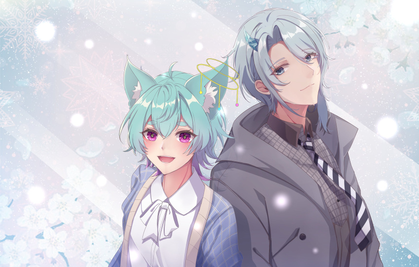 1boy, 1girl, absurdres, animal_ears, aruna_seraphina, blue_eyes, blue_hair, dimazu, double_halo, fox_ears, fox_girl, halo, highres, horns, looking_at_viewer, metanoia_live, oni, oni_horns, pale_skin, short_hair, single_horn, smile, tada_ace, violet_eyes, white_hair