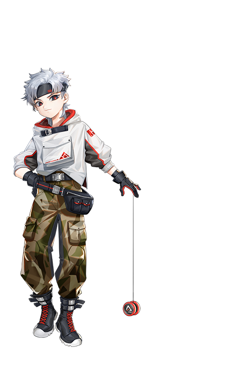 1boy, belt, black_belt, black_eyes, black_footwear, black_gloves, black_headband, boots, camouflage, camouflage_pants, cyrus_(smc), fanny_pack, gloves, grey_hair, hair_behind_ear, headband, jacket, leaning_to_the_side, looking_to_the_side, male_focus, official_art, pants, red_pupils, solo, super_mecha_champions, transparent_background, white_jacket, yo-yo
