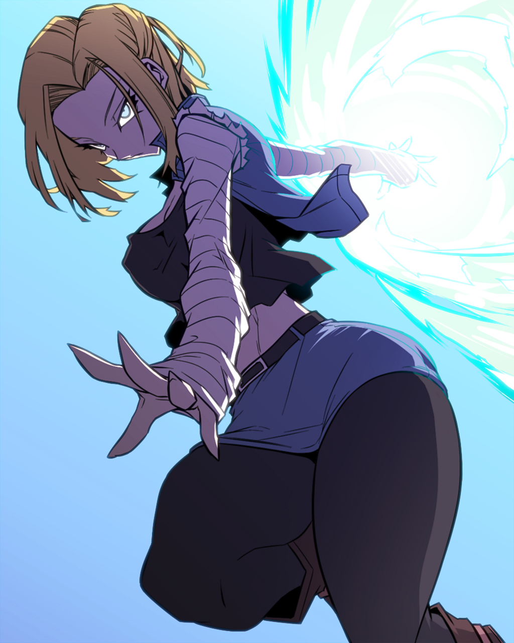 1girl, android_18, blonde_hair, blue_background, blue_eyes, boots, breasts, commentary