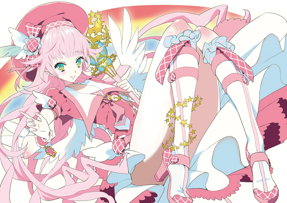 1girl, angel_wings, bangs, beret, boots, bow, choker, copyright_request