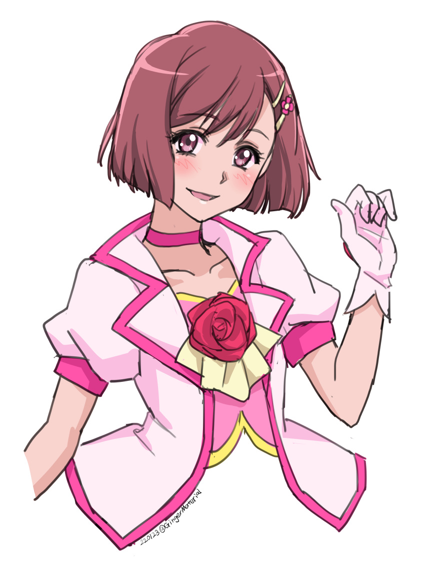 1girl, absurdres, ascot, asymmetrical_bangs, bangs, blush, bob_cut, brown_eyes, brown_hair, choker, collarbone, commentary_request, cosplay, cropped_arms, cropped_torso, cure_grace, cure_grace_(cosplay), dated, dress, eyebrows_visible_through_hair, flower, flower_(symbol), gloves, hair_flower, hair_ornament, hairclip, hanadera_nodoka, hand_up, healin'_good_precure, highres, jacket, looking_at_viewer, magical_girl, open_mouth, pink_choker, pink_dress, pink_gloves, pink_jacket, precure, puffy_short_sleeves, puffy_sleeves, rose, short_hair, short_sleeves, sketch, smile, solo, sozan, twitter_username, upper_body, yellow_ascot