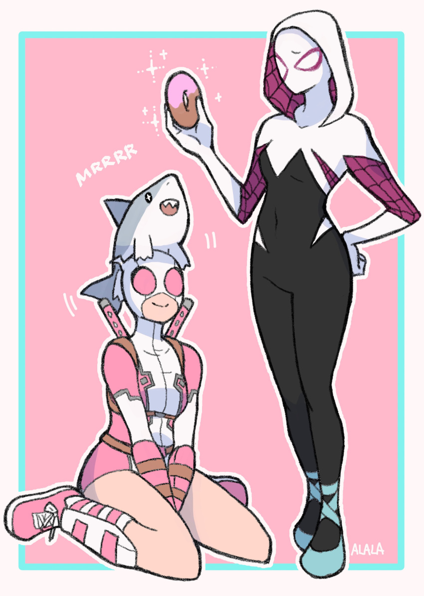 2girls, :d, absurdres, ballet_slippers, belt, between_legs, bodysuit, covered_navel