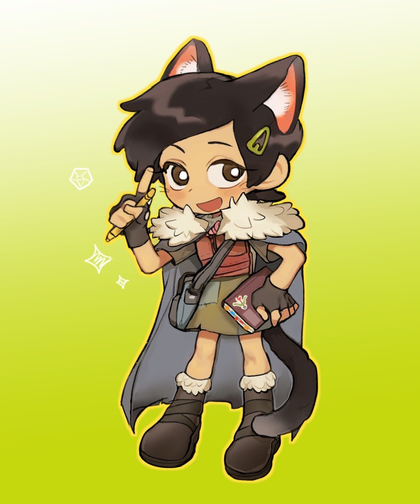 1girl, amphibia, animal_ears, bag, black_footwear, black_fur, black_gloves, black_hair