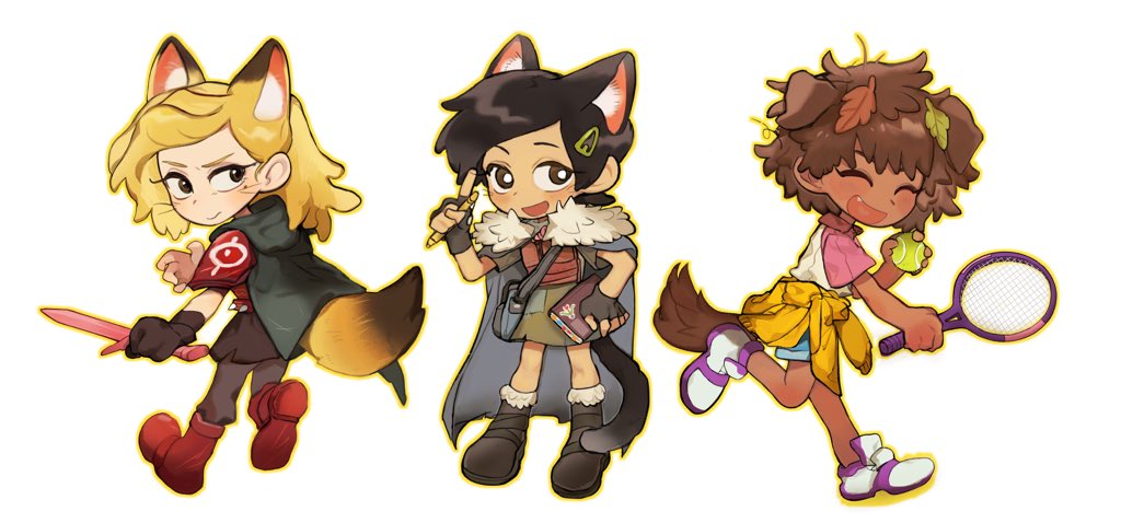 3girls, amphibia, animal_ears, anne_boonchuy, armor, bag, ball, black_cape