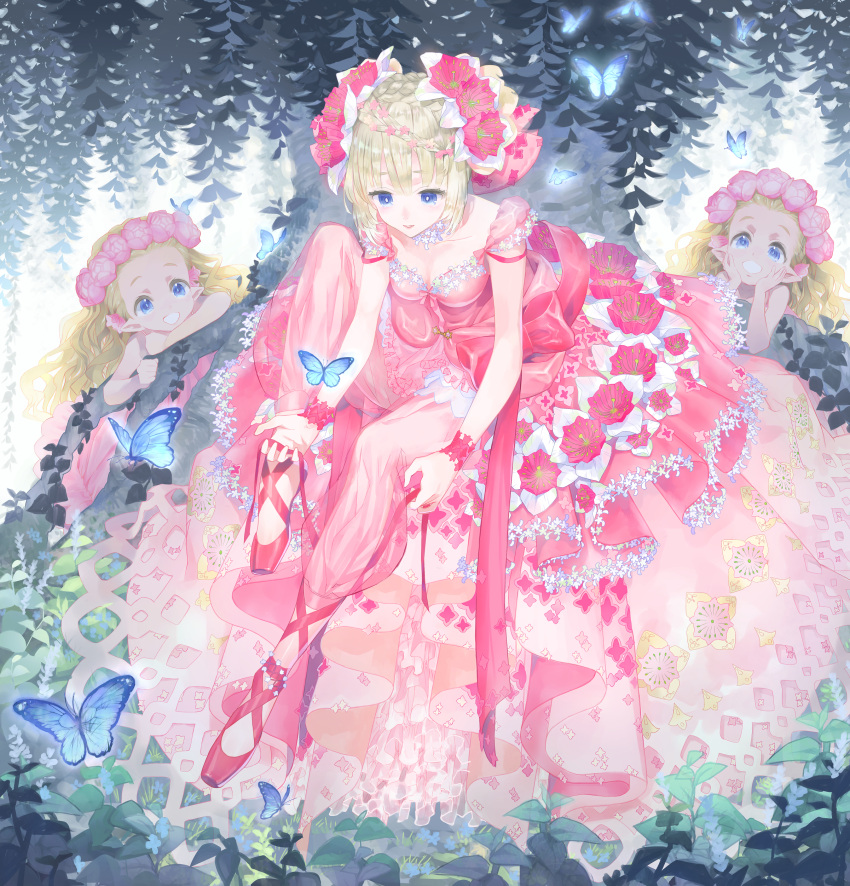 3girls, :d, absurdres, ballet_slippers, blonde_hair, blue_eyes, braid, bug