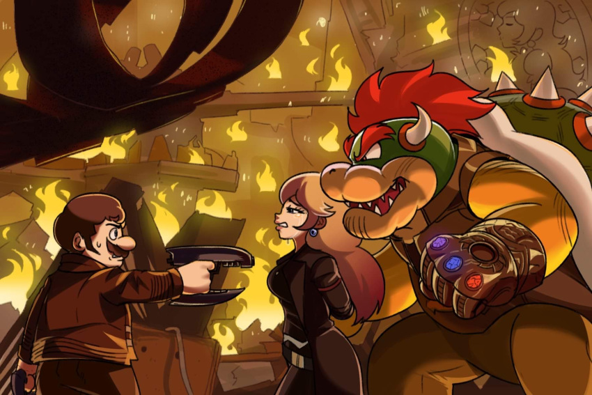 1girl, 2boys, avengers:_infinity_war, avengers_(series), bowser, breasts, brown_hair, cosplay, crying, crying_with_eyes_open, facial_hair, fire, gamora, gamora_(cosplay), gun, highres, holding, holding_gun, holding_weapon, infinity_gauntlet, jacket, long_hair, mario, marvel, marvel_cinematic_universe, multiple_boys, mustache, pants, peter_quill, peter_quill_(cosplay), princess_peach, scene_reference, super_mario_bros., super_mario_bros._(2022_film), sweatdrop, tears, thanos, thanos_(cosplay), tina_fate, weapon