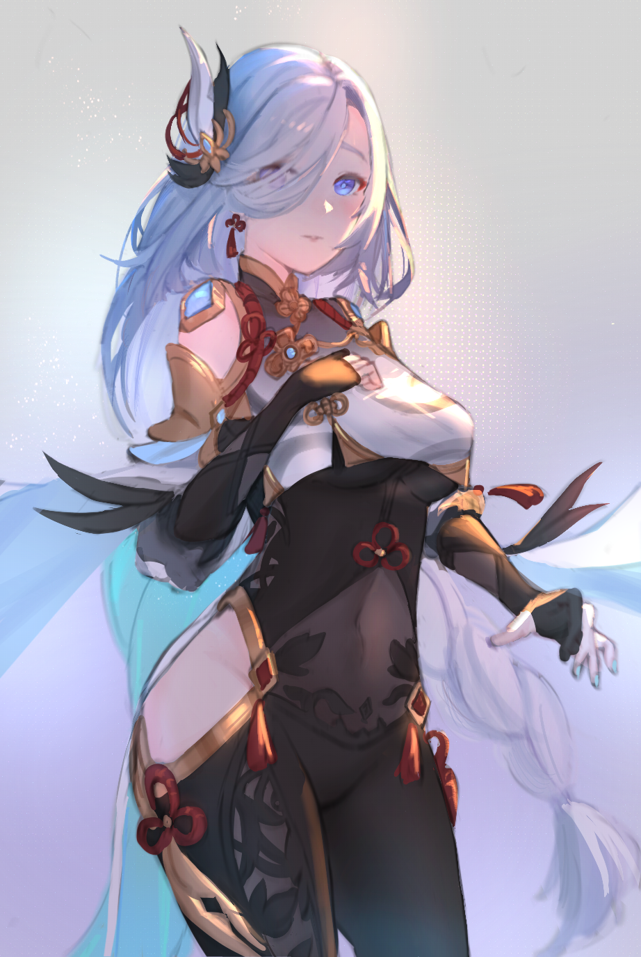 1girl, bare_shoulders, black_bodysuit, black_gloves, blue_eyes, bodysuit, braid, braided_ponytail