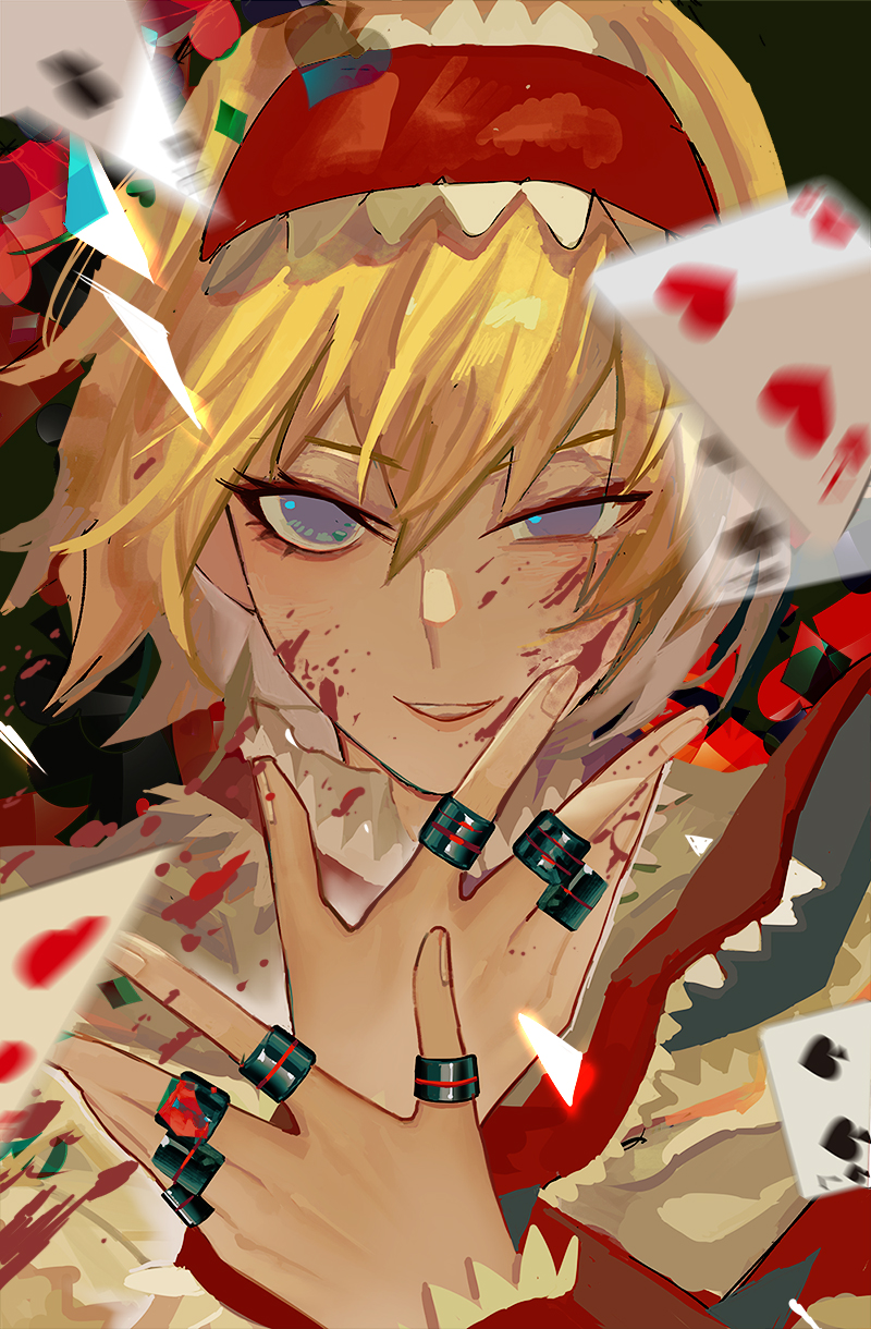 1girl, alice_margatroid, bangs, blonde_hair, blood, blood_on_face, blue_dress, blue_eyes