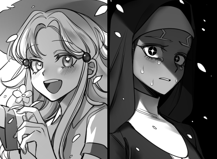 2girls, blush, dark-skinned_female, dark_skin, enrico_pucci, flower, genderswap, genderswap_(mtf)