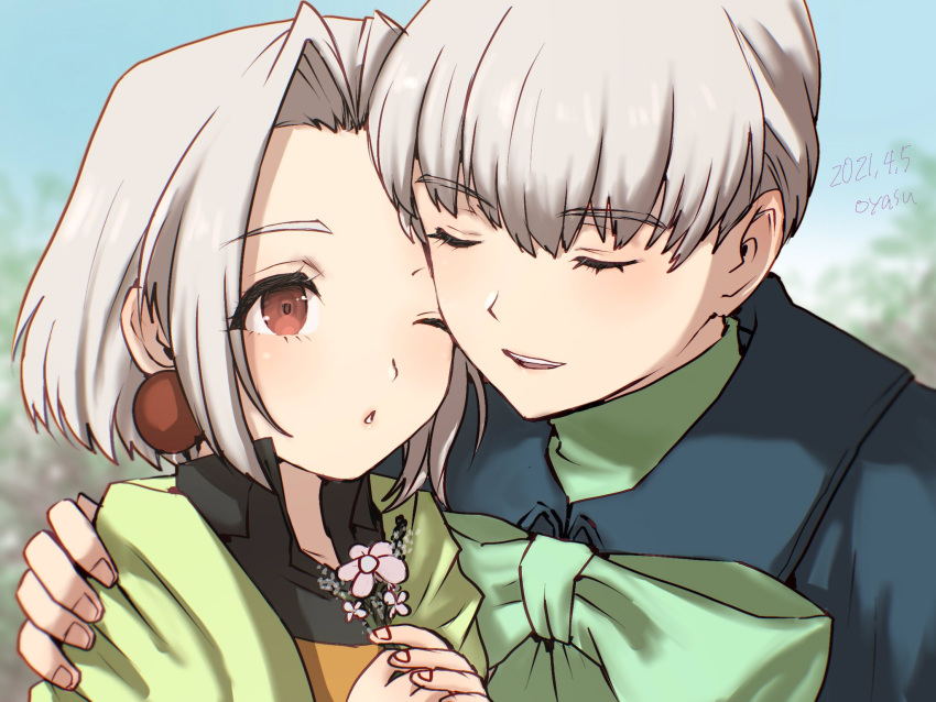 1boy, 1girl, billy_lee_black, bow, brother_and_sister, brown_eyes, closed_eyes, dated