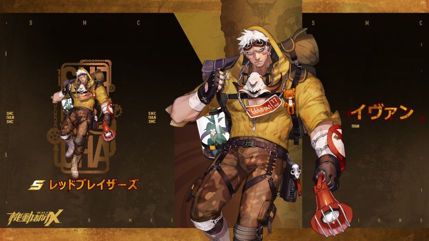 1boy, belt, blue_eyes, brown_belt, brown_gloves, brown_pants, camouflage, camouflage_pants