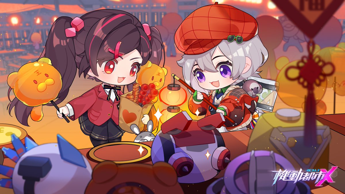 2girls, bag, bangs, black_legwear, black_scarf, brown_hair, chibi, copyright_name