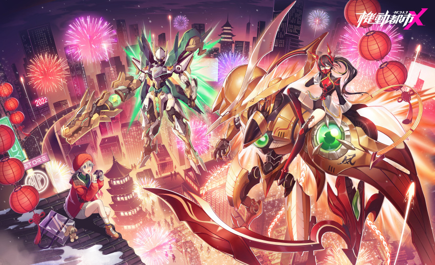 2girls, absurdres, architecture, aurora_(smc), bag, black_hair, blonde_hair, boots