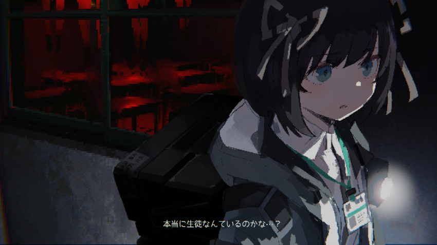 1girl, blue_eyes, dark, fake_screenshot, flashlight, hair_ribbon, highres, horror_(theme)