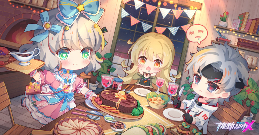 1boy, 2girls, blonde_hair, blue_bow, book, bow, bright_pupils, brown_eyes