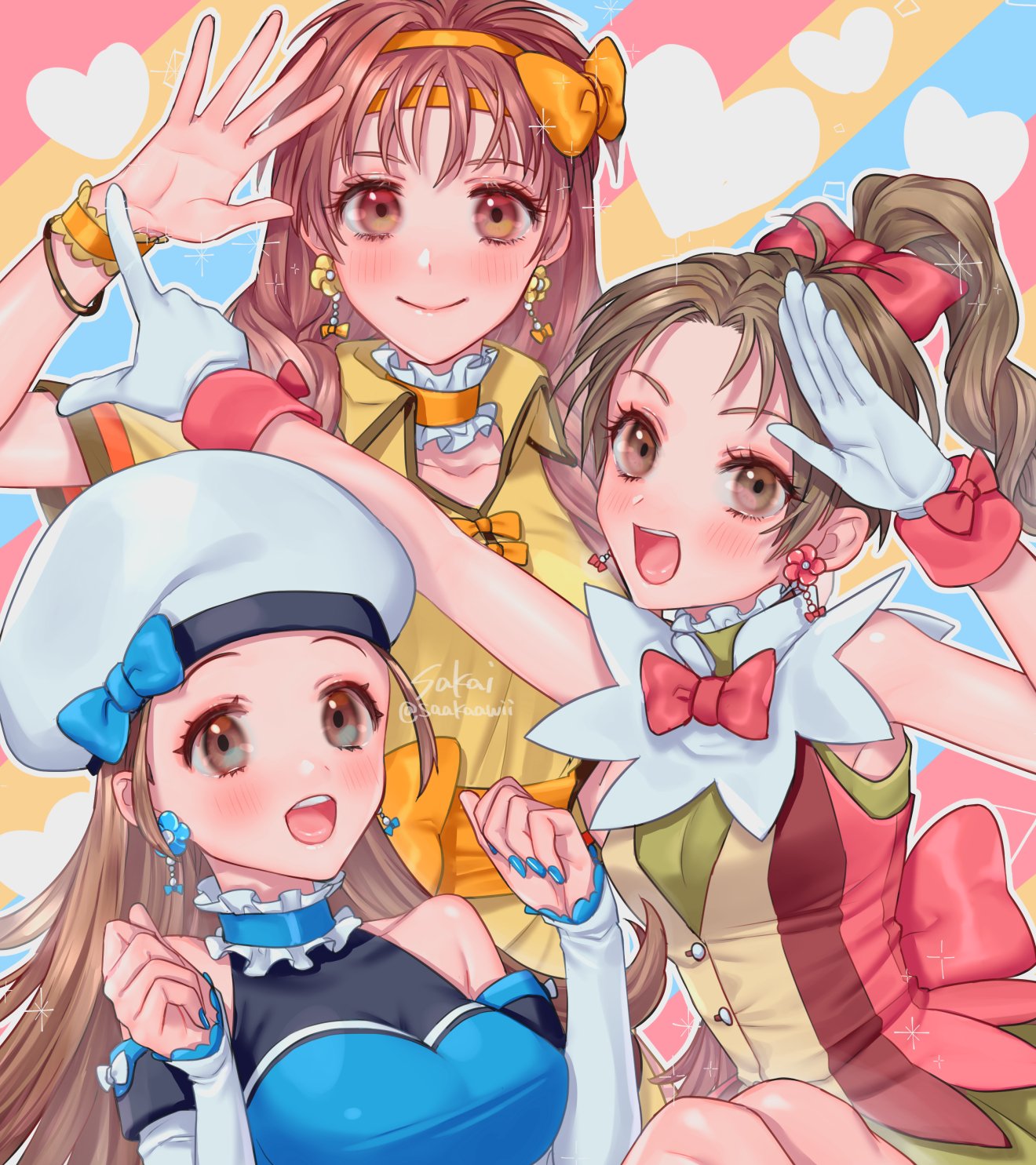 3girls, blue_nails, blush, bow, breasts, brown_eyes, brown_hair, closed_mouth, dress, earrings, eyelashes, female, gensou_suikoden, gloves, hair_bow, hand_up, hat, highres, jewelry, long_hair, looking_at_viewer, medium_hair, meg_(suikoden), millie_(suikoden), multiple_girls, nail_polish, open_mouth, orange_bow, ponytail, red_bow, redhead, sakai_(motomei), sleeveless, smile, tengaar, tengaar_(suikoden), tied_hair