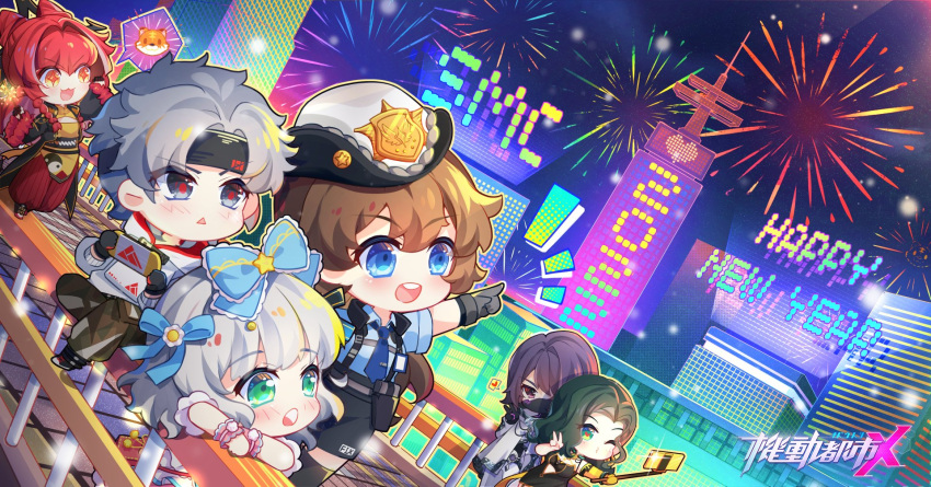 +_+, 2022, 2boys, 4girls, black_dress, black_headband, blue_bow, blue_eyes